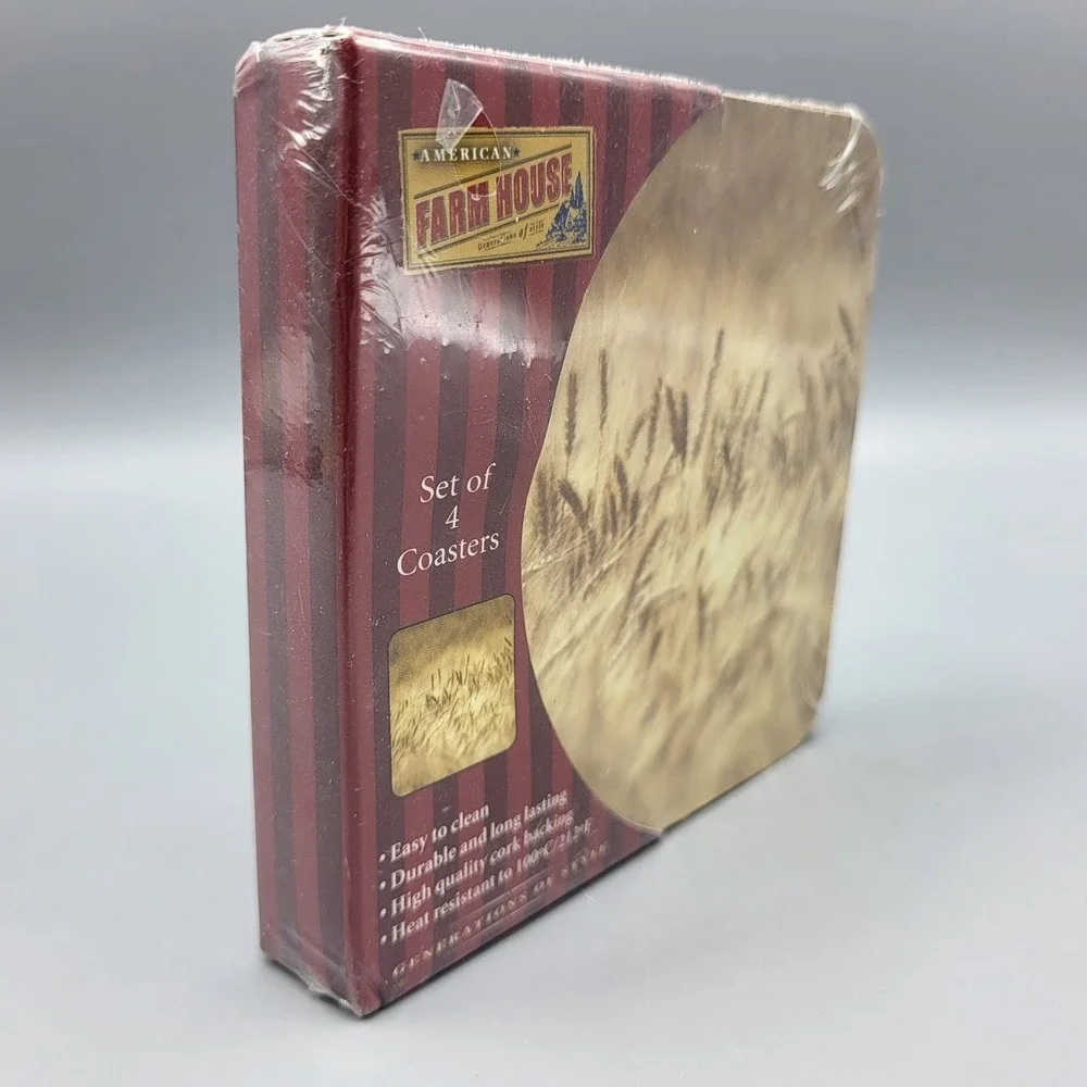 American Farm House Coasters Set of 4 Wheat Field Harvest Cork Backed Brown